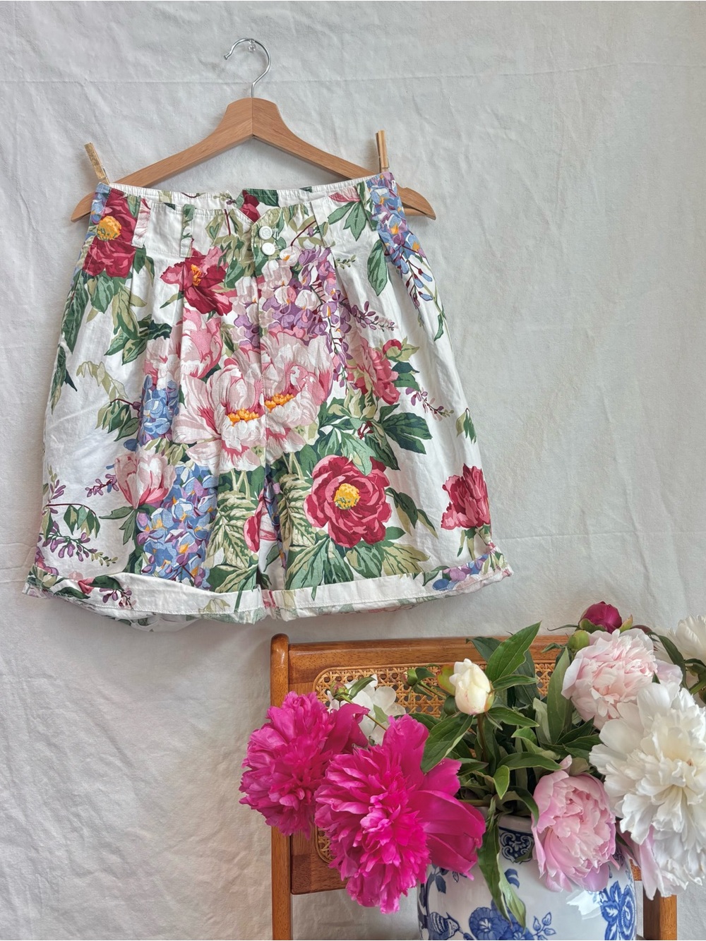 Floral Print Women’s Shorts — White with Pink & Green